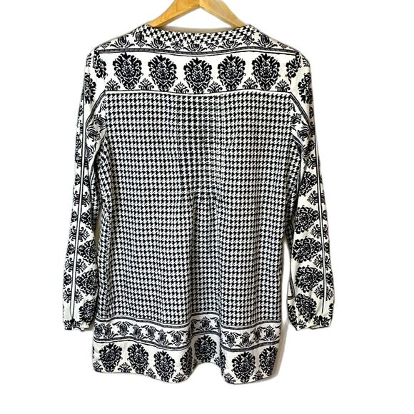 Lands’ End Black White Houndstooth Floral Tie Neck Button Front LS Tunic Sz 12 - Picture 5 of 16